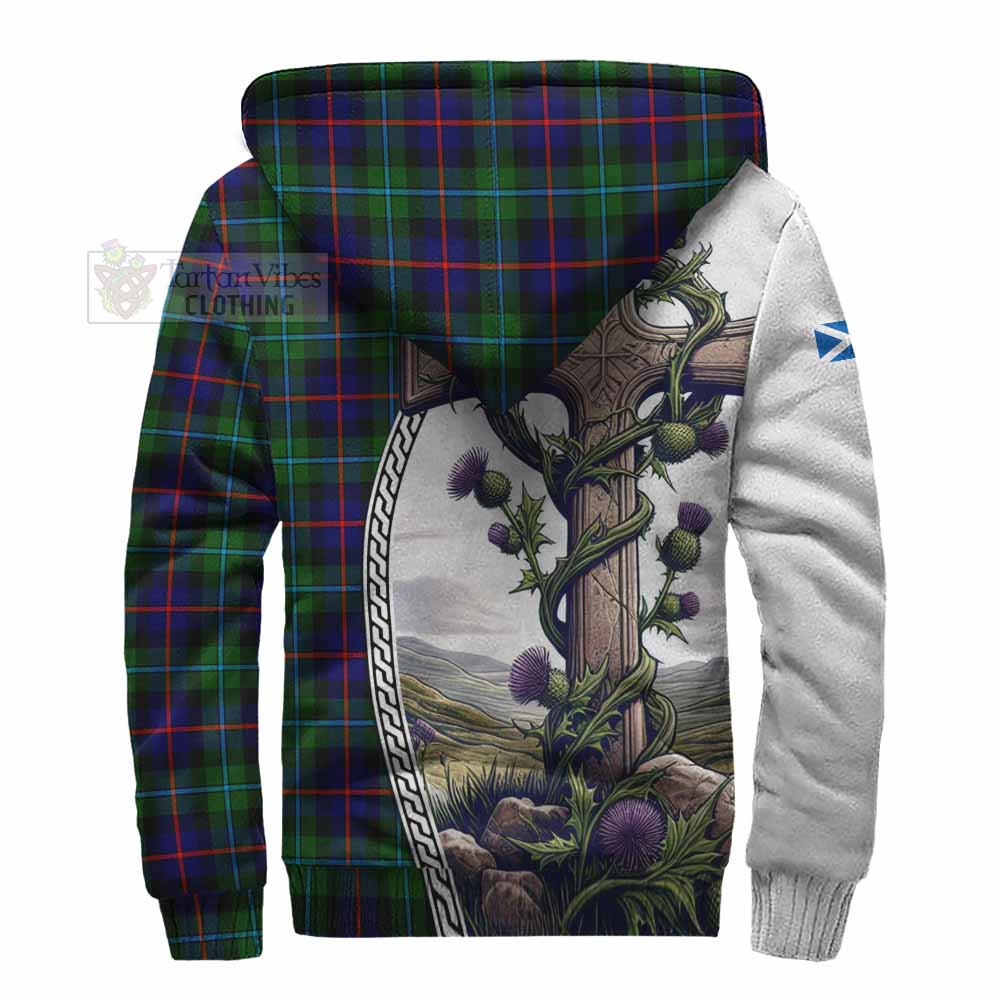 Tartan Vibes Clothing Calder Tartan Sherpa Hoodie with Family Crest and St. Andrew's Cross Accented by Thistle Vines