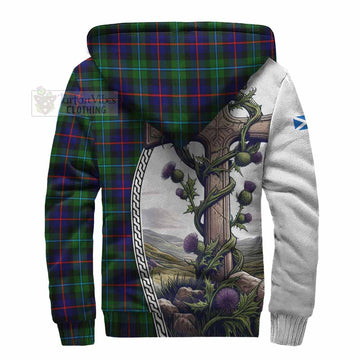 Calder Tartan Sherpa Hoodie with Family Crest and St. Andrew's Cross Accented by Thistle Vines