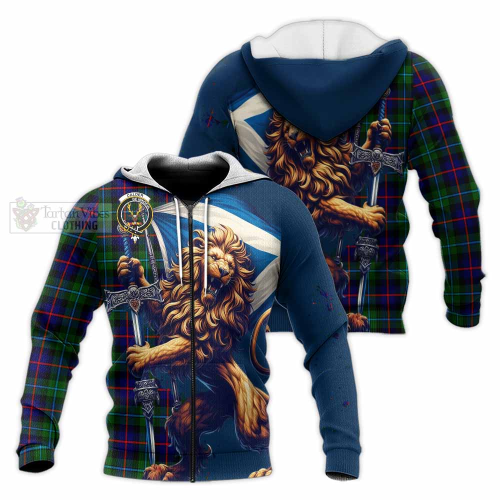 Tartan Vibes Clothing Calder Tartan Family Crest Knitted Hoodie with Scottish Majestic Lion