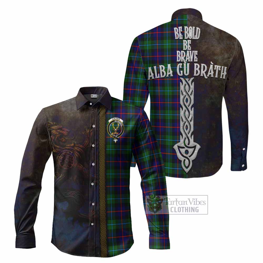 Calder Tartan Family Crest Long Sleeve Button Shirt Alba Gu Brath Be Brave Lion Ancient Style - Tartan Vibes Clothing