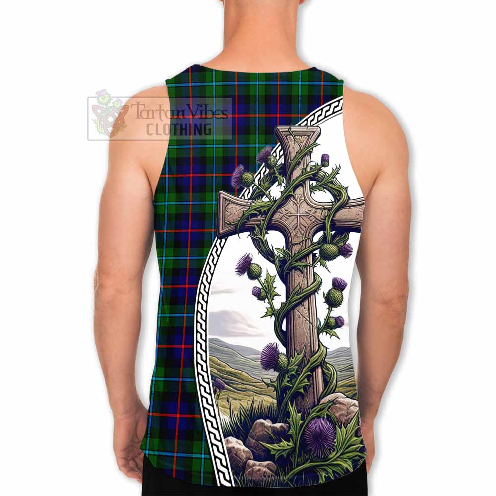 Tartan Vibes Clothing Calder Tartan Men's Tank Top with Family Crest and St. Andrew's Cross Accented by Thistle Vines