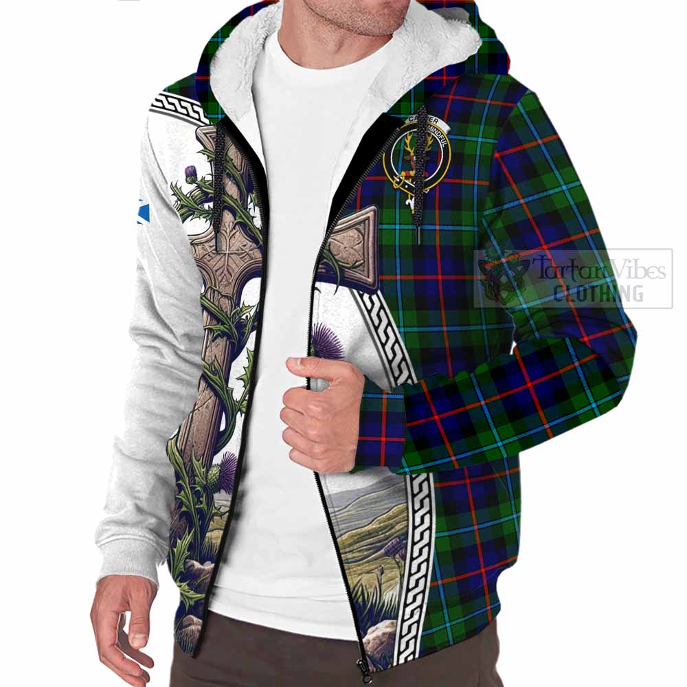 Tartan Vibes Clothing Calder Tartan Sherpa Hoodie with Family Crest and St. Andrew's Cross Accented by Thistle Vines