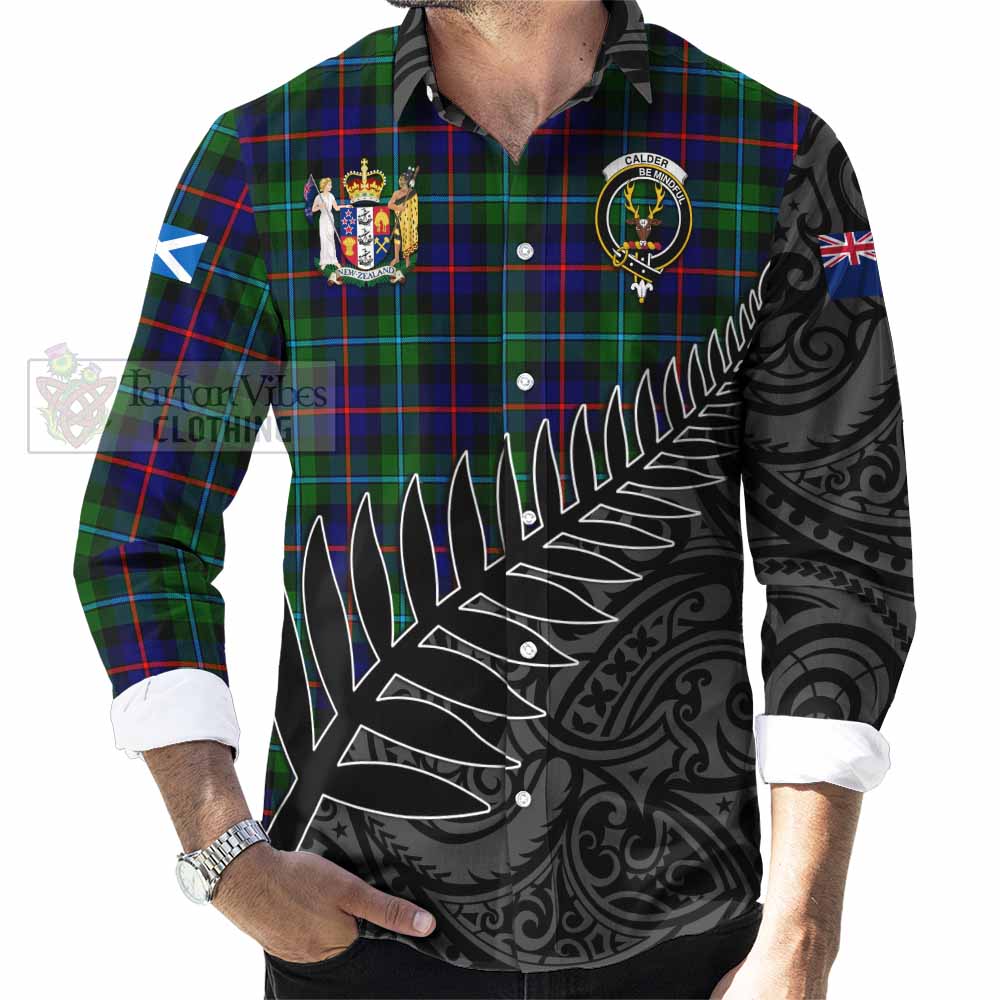 Tartan Vibes Clothing Calder Crest Tartan Long Sleeve Button Shirt with New Zealand Silver Fern Half Style