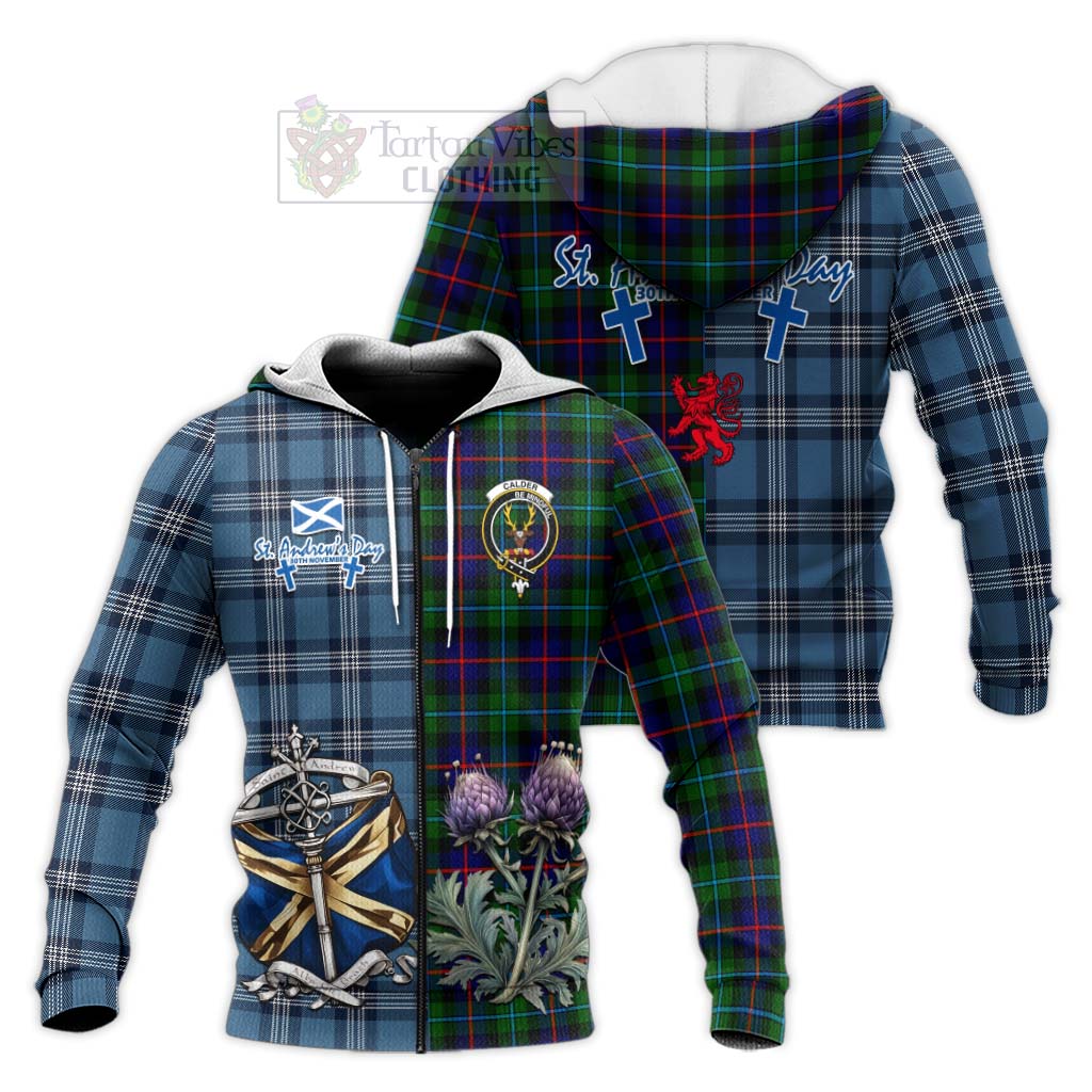 Tartan Vibes Clothing Calder Tartan Knitted Hoodie Happy St. Andrew's Day Half Tartan Style