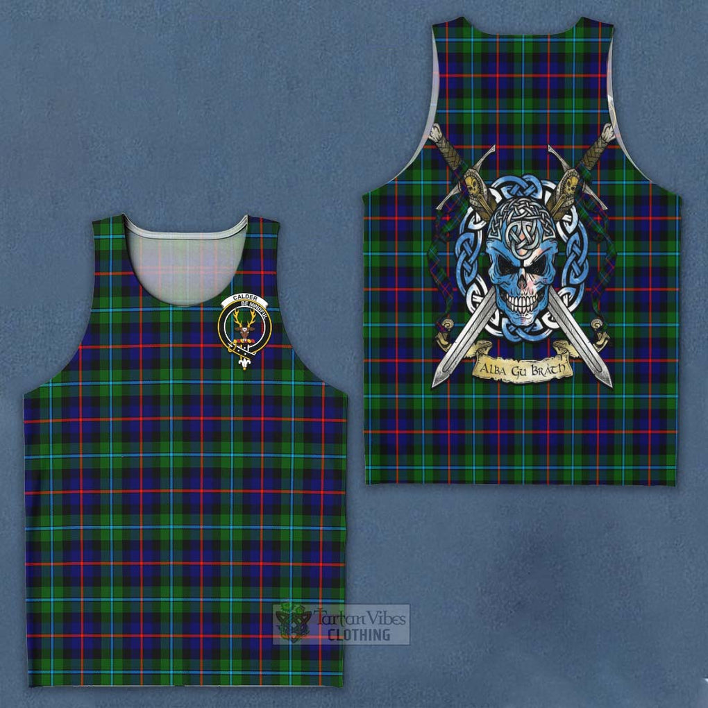 Tartan Vibes Clothing Calder Tartan Men's Tank Top with Family Crest Celtic Skull Style