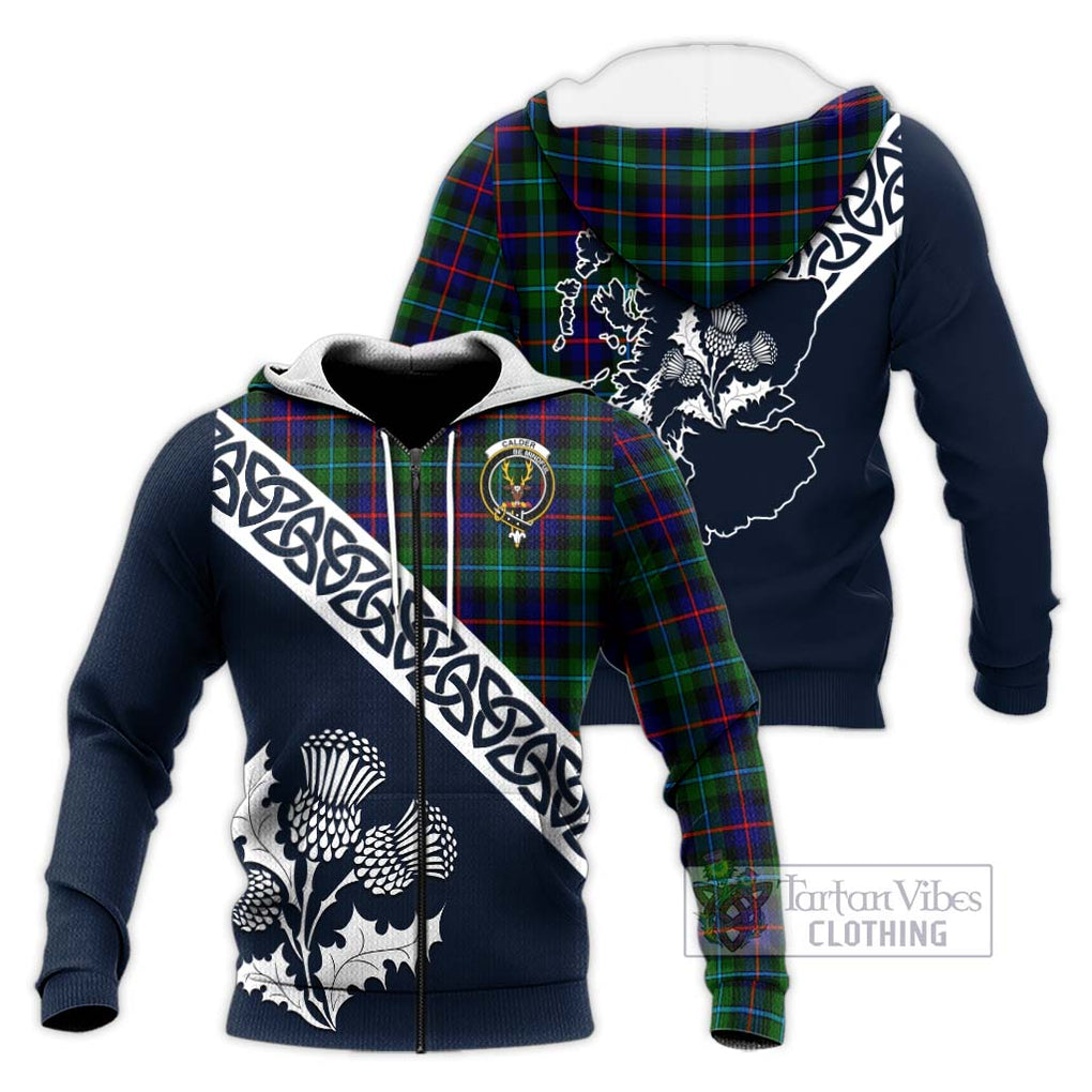 Tartan Vibes Clothing Calder Tartan Knitted Hoodie Featuring Thistle and Scotland Map