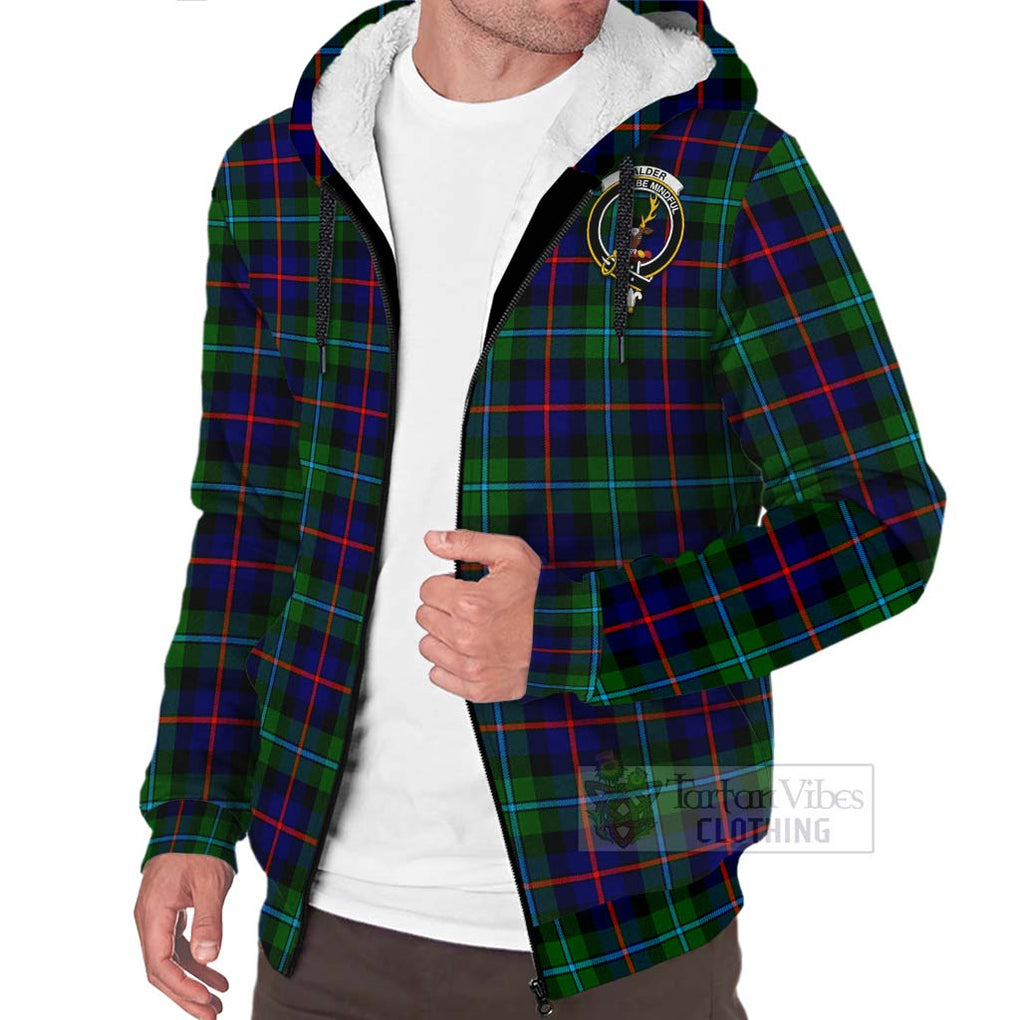 Tartan Vibes Clothing Calder Tartan Sherpa Hoodie with Family Crest and Bearded Skull Holding Bottles of Whiskey