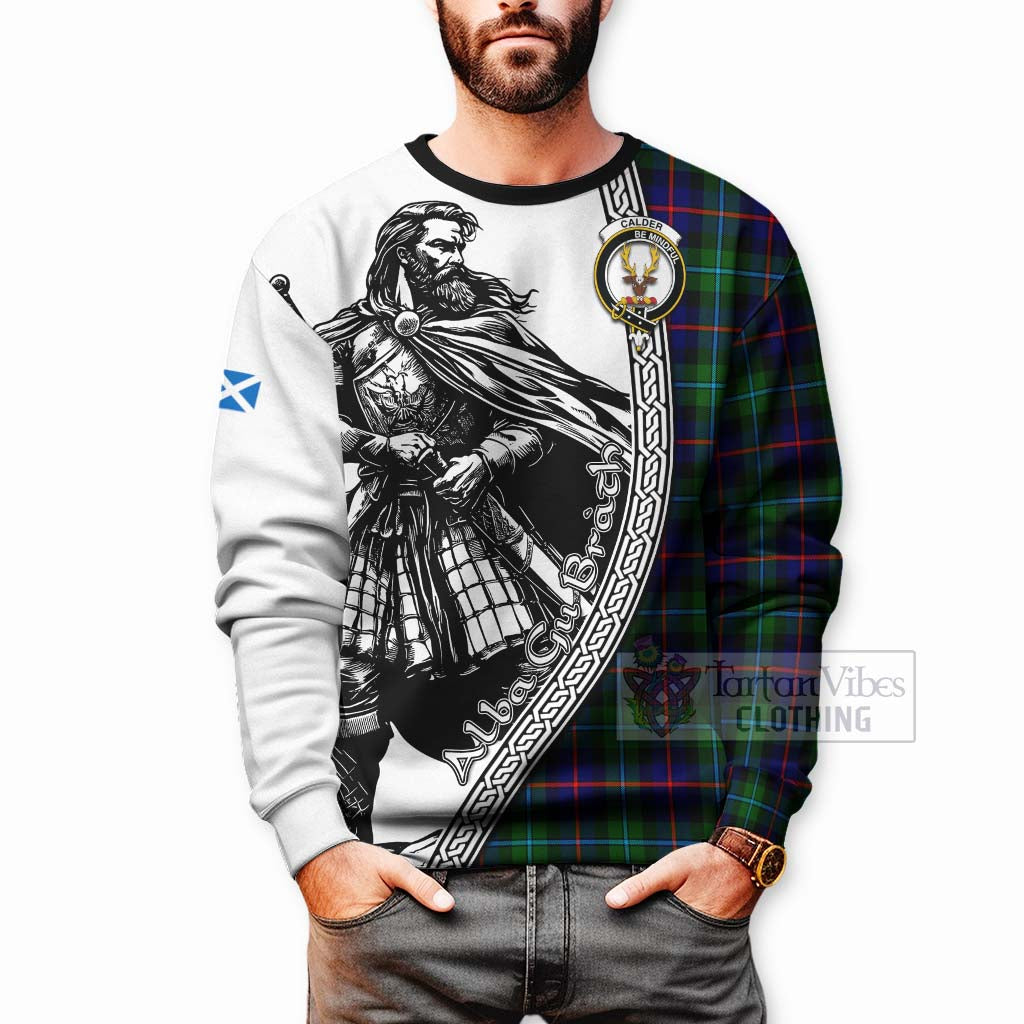 Tartan Vibes Clothing Calder Tartan Clan Crest Sweatshirt with Highlander Warrior Celtic Style