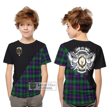 Calder Tartan Kid T-Shirt with Family Crest and Military Logo Style