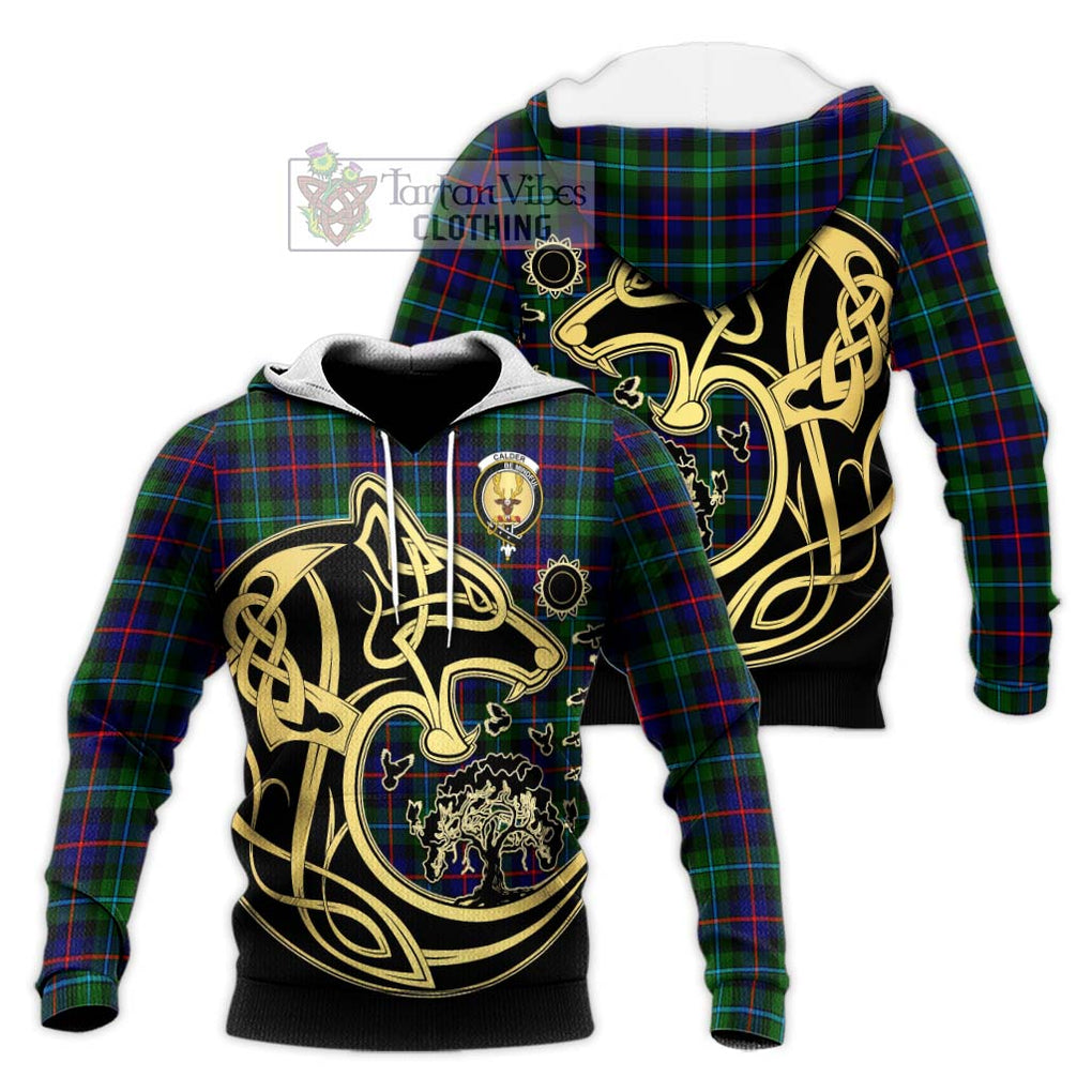 Calder Tartan Knitted Hoodie with Family Crest Celtic Wolf Style Unisex Knitted Pullover Hoodie - Tartan Vibes Clothing