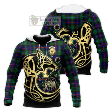 Calder Tartan Knitted Hoodie with Family Crest Celtic Wolf Style