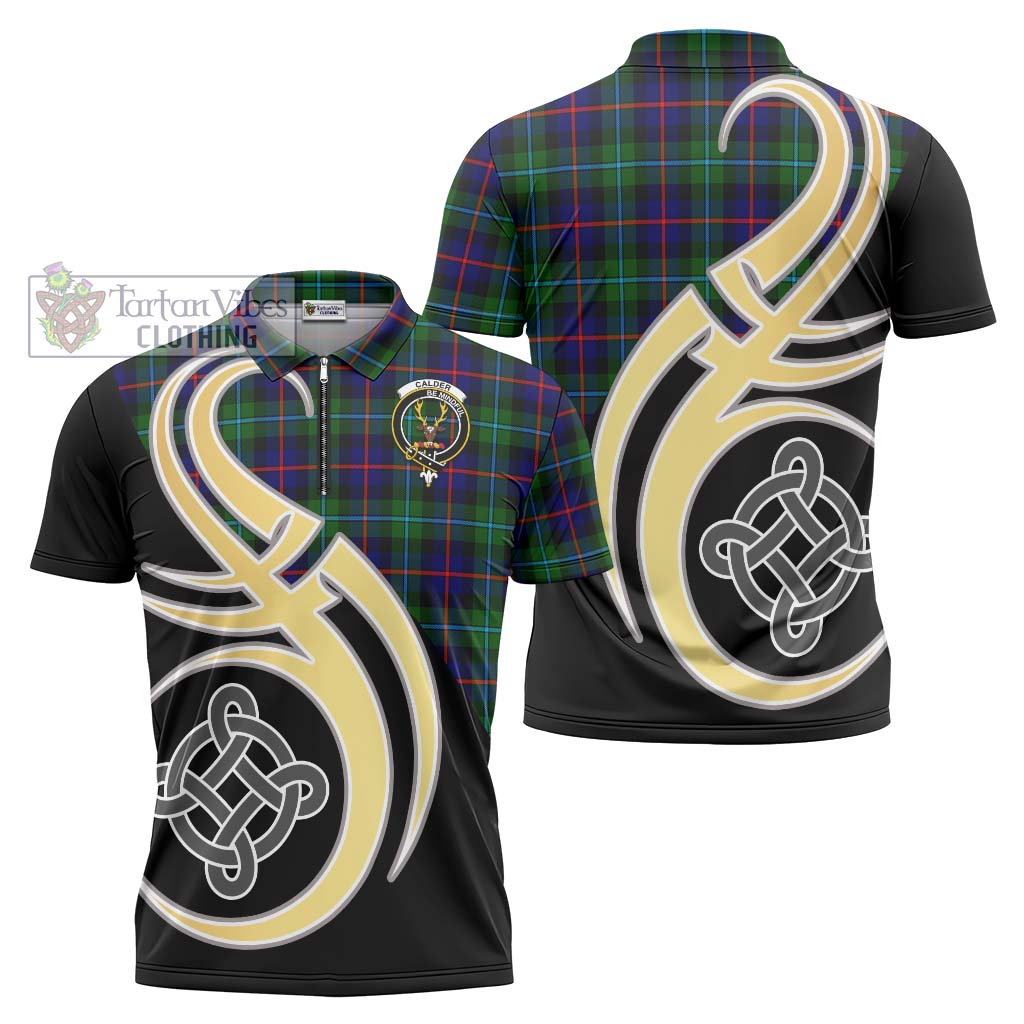 Tartan Vibes Clothing Calder Modern Tartan Zipper Polo Shirt with Family Crest and Celtic Symbol Style
