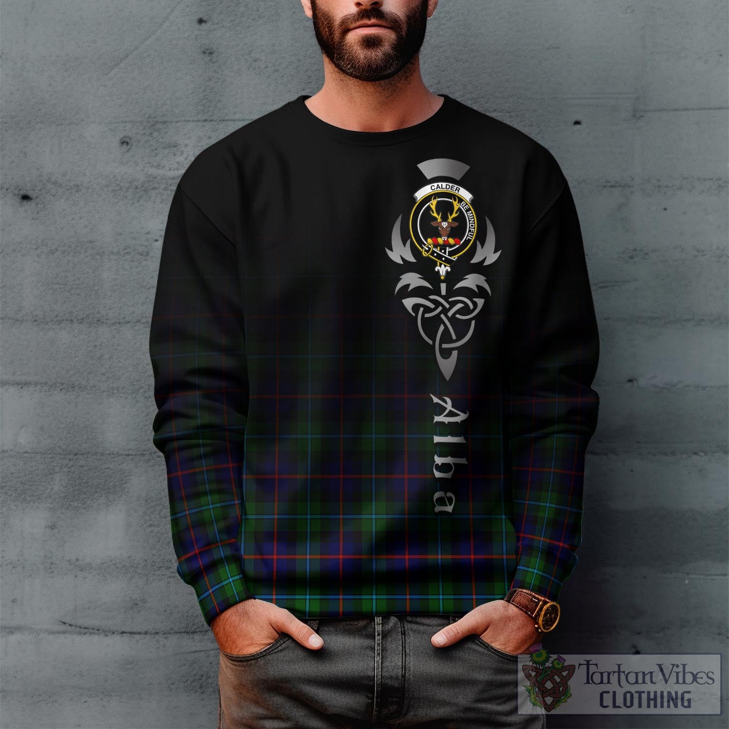 Tartan Vibes Clothing Calder Modern Tartan Sweatshirt Featuring Alba Gu Brath Family Crest Celtic Inspired