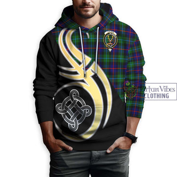 Calder Tartan Hoodie with Family Crest and Celtic Symbol Style