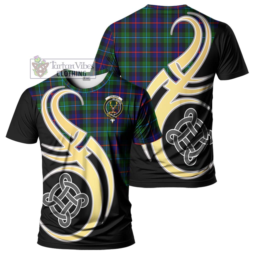 Tartan Vibes Clothing Calder Modern Tartan T-Shirt with Family Crest and Celtic Symbol Style