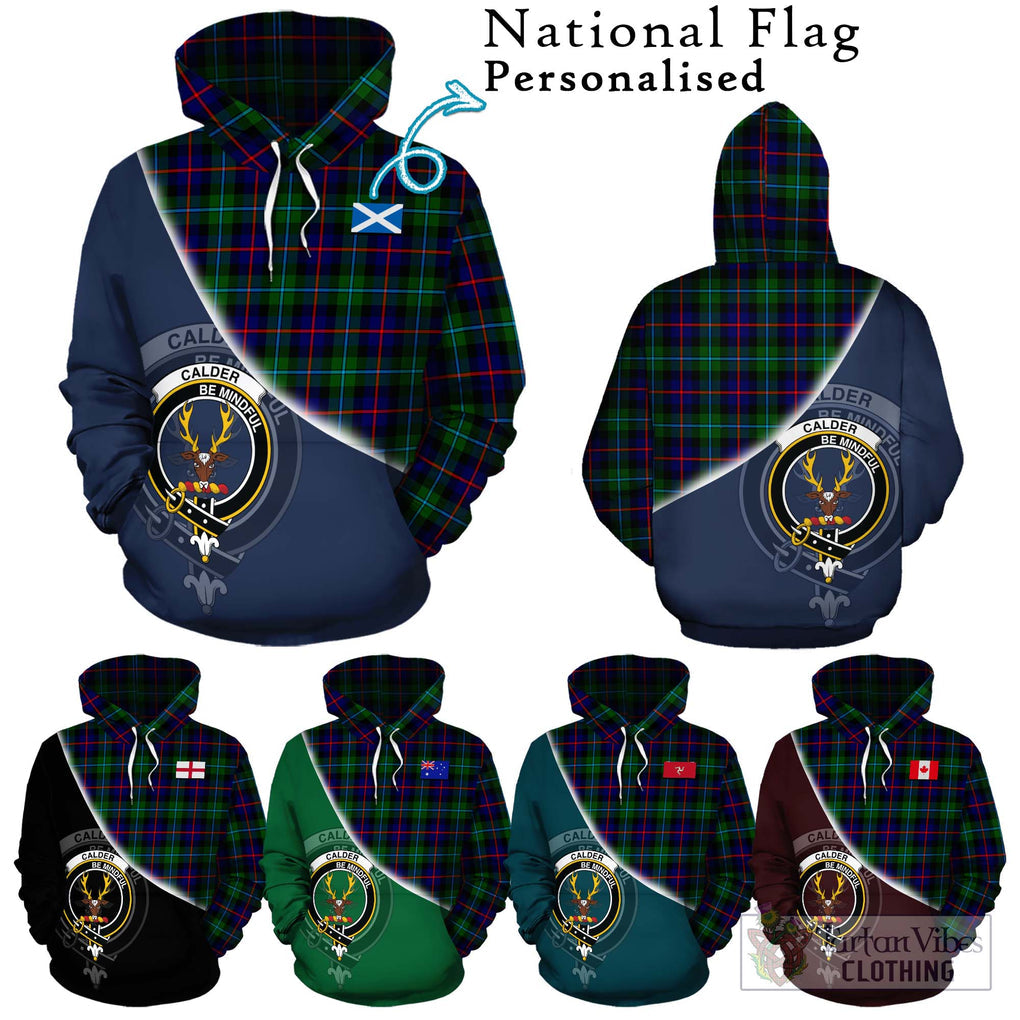 Calder Tartan Hoodie with Personalised National Flag and Family Crest Half Style Zip Hoodie - Tartanvibesclothing Shop