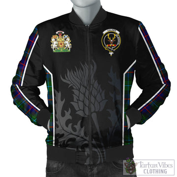 Calder Tartan Bomber Jacket with Family Crest and Scottish Thistle Vibes Sport Style Unisex Black - Tartan Vibes Clothing