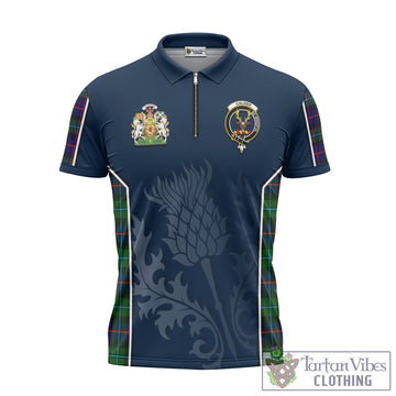 Calder Tartan Zipper Polo Shirt with Family Crest and Scottish Thistle Vibes Sport Style