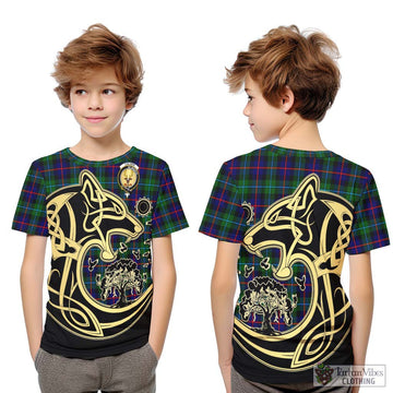 Calder Tartan Kid T-Shirt with Family Crest Celtic Wolf Style