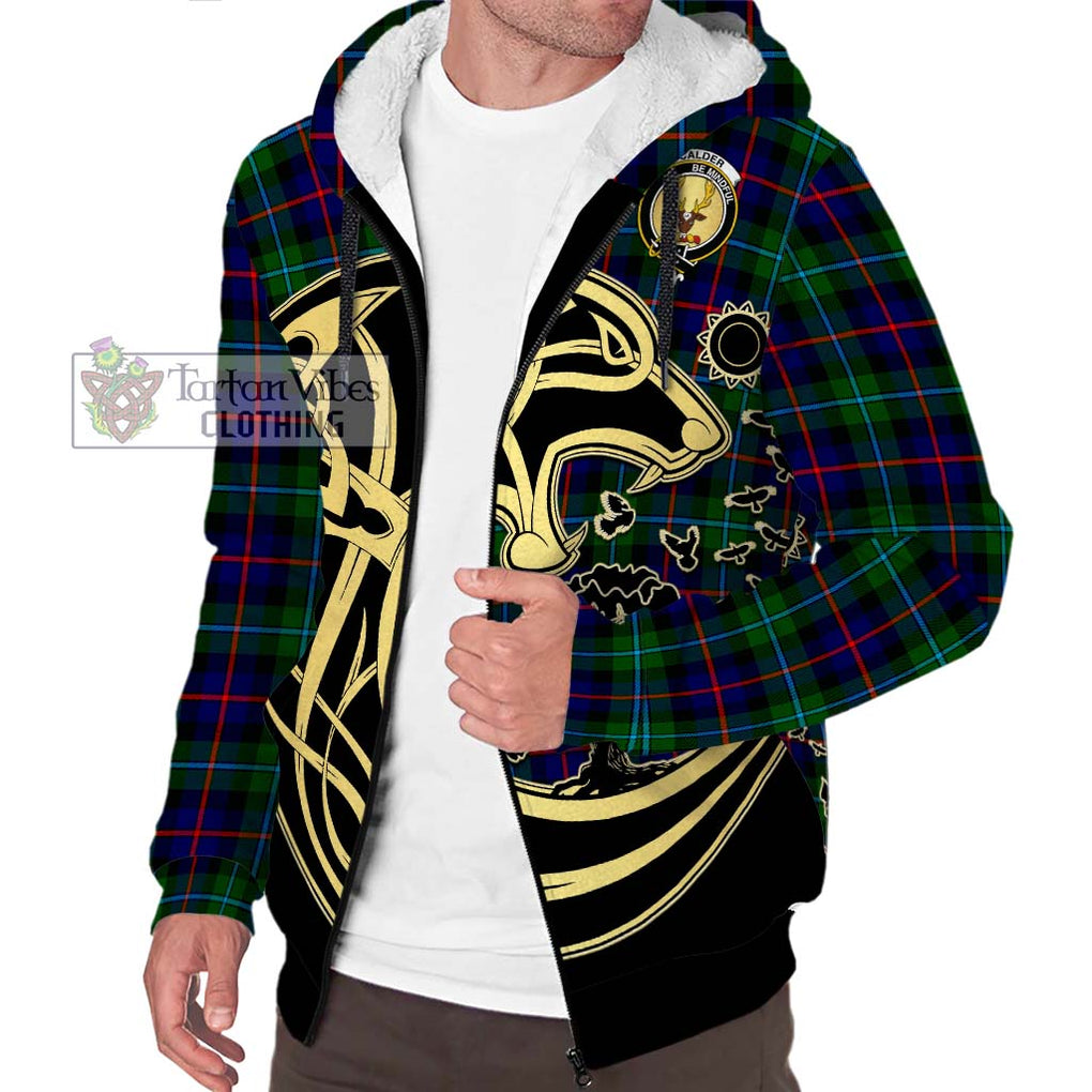 Calder Tartan Sherpa Hoodie with Family Crest Celtic Wolf Style Unisex S - Tartan Vibes Clothing