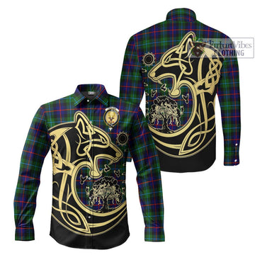 Calder Tartan Long Sleeve Button Shirt with Family Crest Celtic Wolf Style Men's Shirt S - Tartan Vibes Clothing