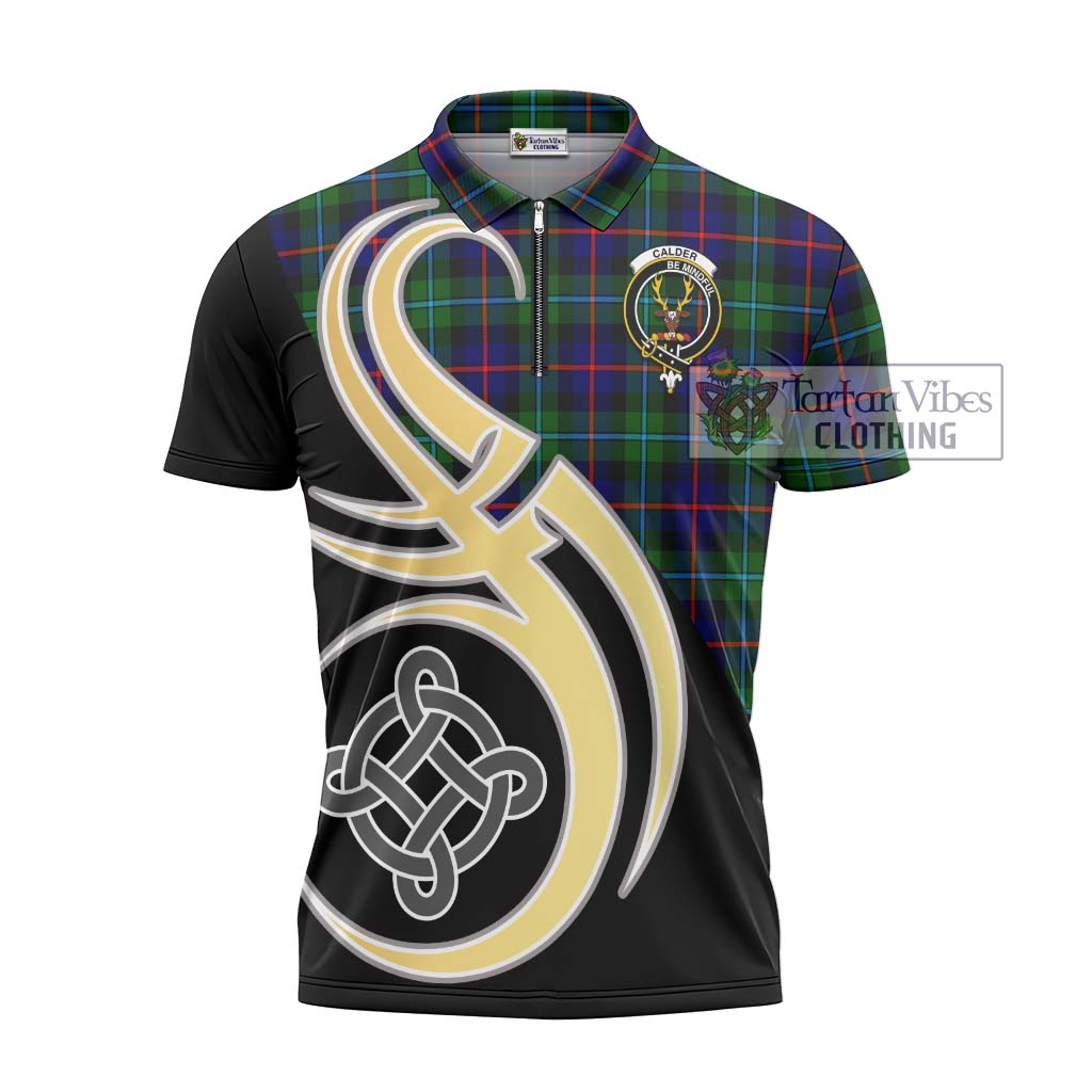 Tartan Vibes Clothing Calder Modern Tartan Zipper Polo Shirt with Family Crest and Celtic Symbol Style
