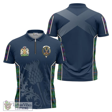 Calder Tartan Zipper Polo Shirt with Family Crest and Scottish Thistle Vibes Sport Style