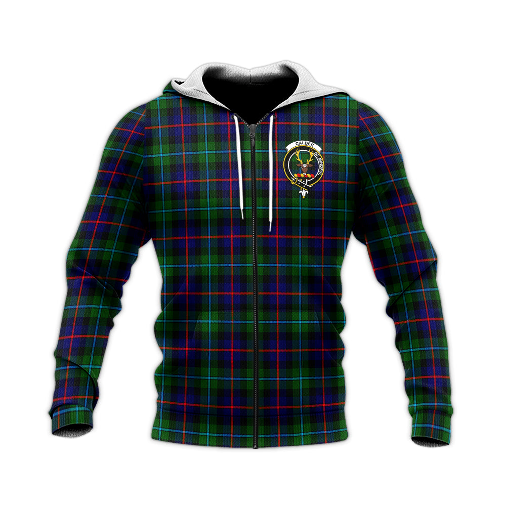 Calder Modern Tartan Knitted Hoodie with Family Crest Unisex Knitted Zip Hoodie