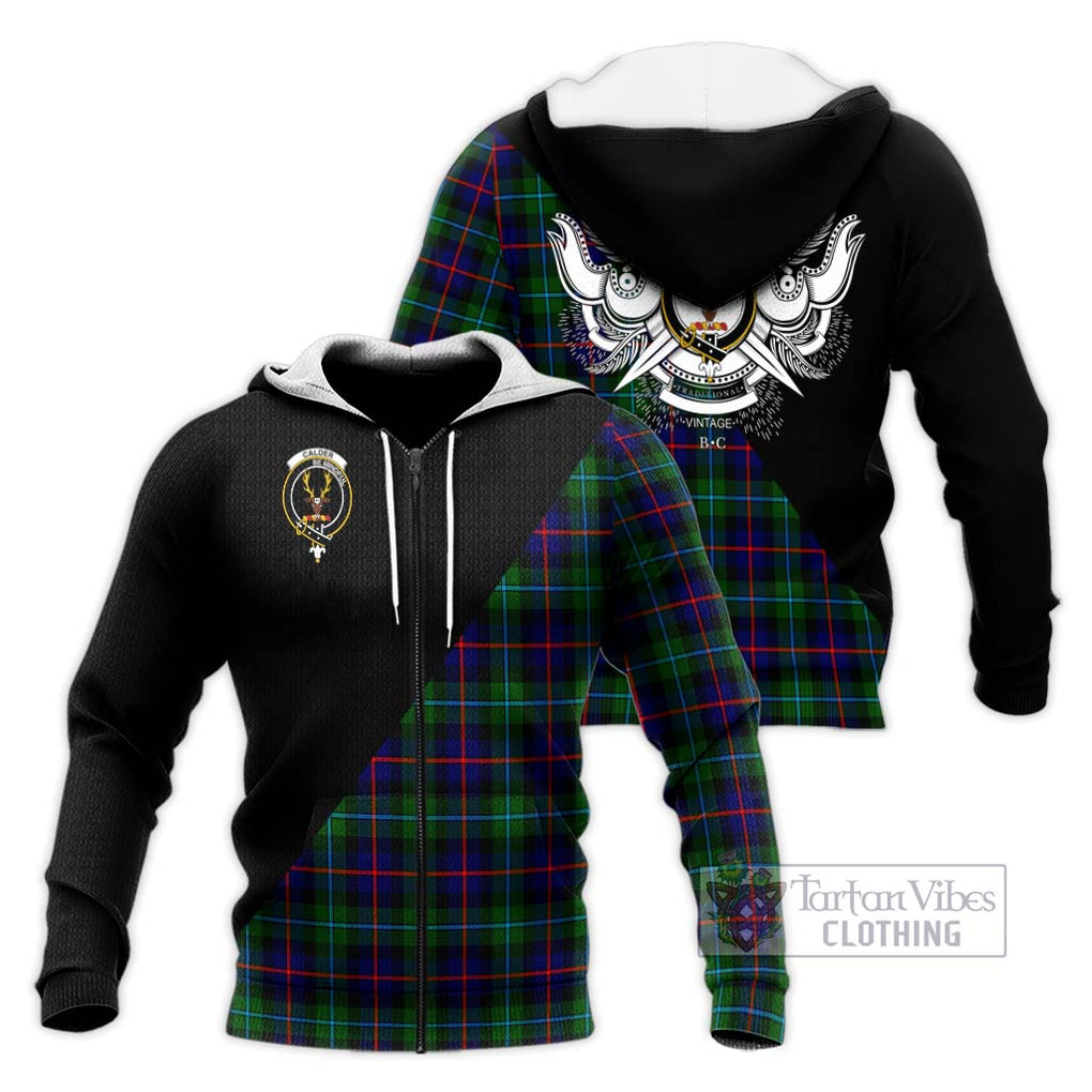 Calder Tartan Knitted Hoodie with Family Crest and Military Logo Style Unisex Knitted Zip Hoodie - Tartanvibesclothing Shop