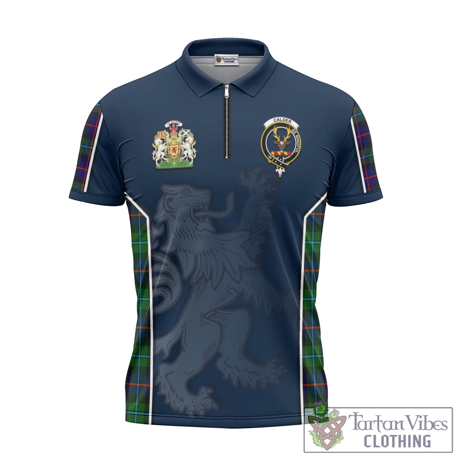 Tartan Vibes Clothing Calder Modern Tartan Zipper Polo Shirt with Family Crest and Lion Rampant Vibes Sport Style