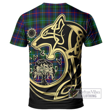 Calder Tartan T-Shirt with Family Crest Celtic Wolf Style