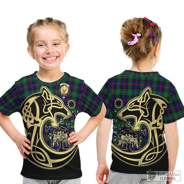 Calder Tartan Kid T-Shirt with Family Crest Celtic Wolf Style