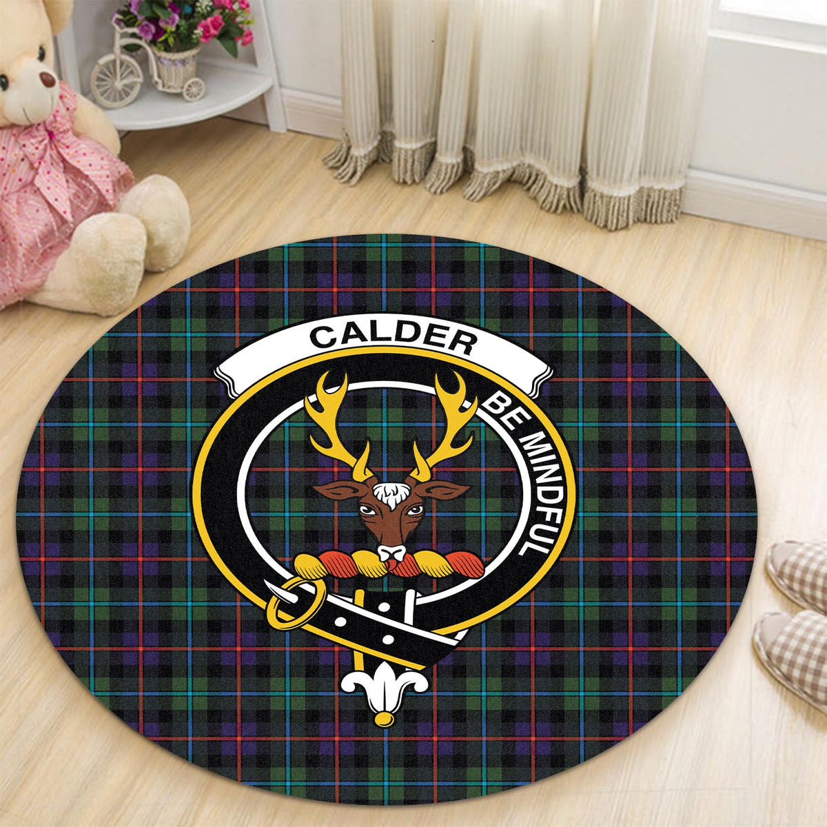 Calder Tartan Round Rug with Family Crest - Tartan Vibes Clothing