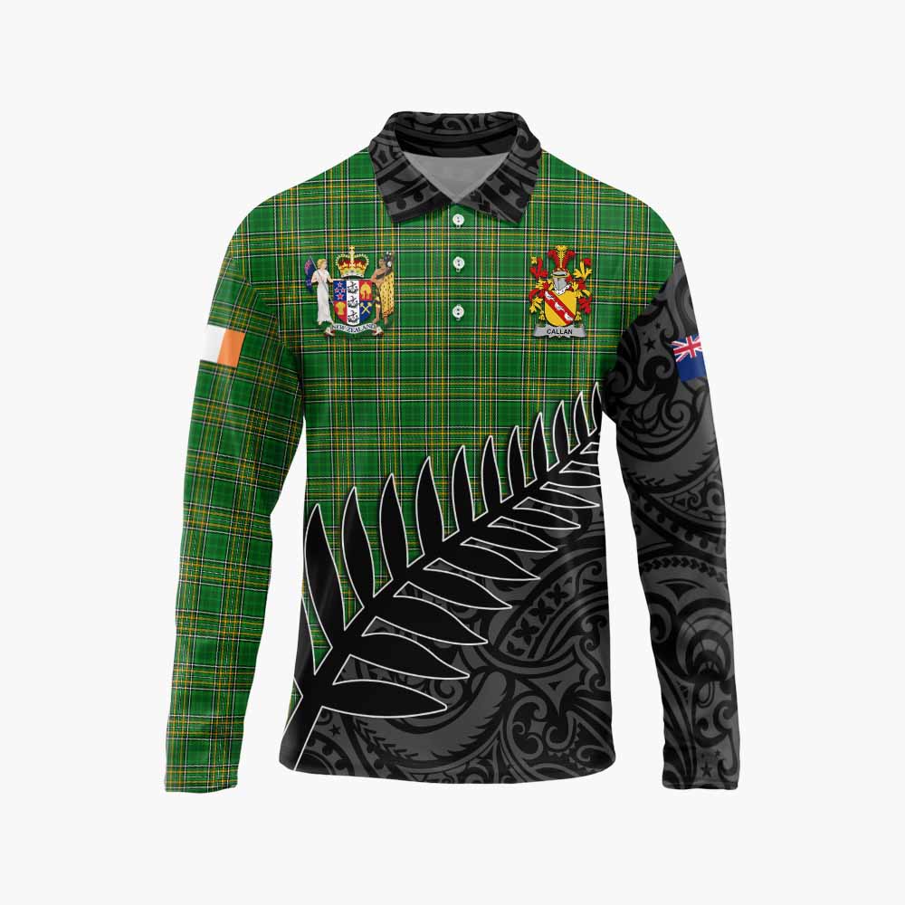 Tartan Vibes Clothing Callan Irish Clan Tartan Long Sleeve Polo Shirt with Coat of Arms New Zealand Silver Fern Half Style