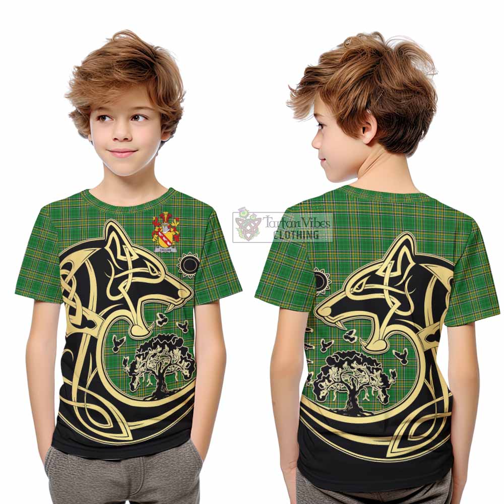 Tartan Vibes Clothing Callan Irish Tartan Kid T-Shirt with Coat of Arms Celtic Wolf Style