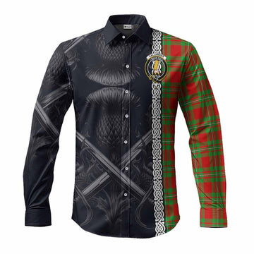 Callander Tartan Long Sleeve Button Shirt with Family Crest Cross Sword Thistle Celtic Vibes Men's Shirt S - Tartan Vibes Clothing