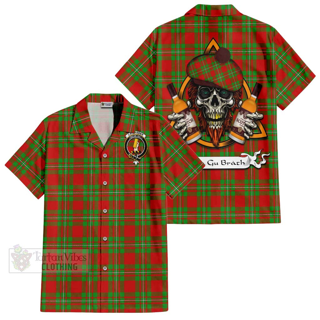 Tartan Vibes Clothing Callander Tartan Short Sleeve Button Shirt with Family Crest and Bearded Skull Holding Bottles of Whiskey