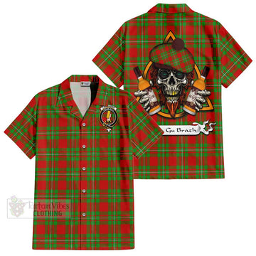 Callander Tartan Short Sleeve Button Shirt with Family Crest and Bearded Skull Holding Bottles of Whiskey