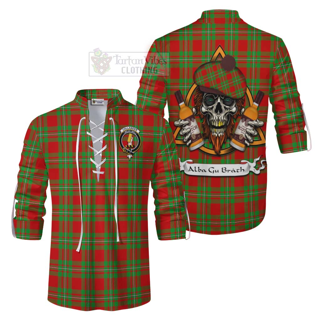 Tartan Vibes Clothing Callander Tartan Ghillie Kilt Shirt with Family Crest and Bearded Skull Holding Bottles of Whiskey