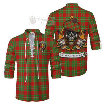 Callander Tartan Ghillie Kilt Shirt with Family Crest and Bearded Skull Holding Bottles of Whiskey