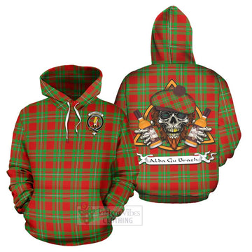 Callander Tartan Hoodie with Family Crest and Bearded Skull Holding Bottles of Whiskey