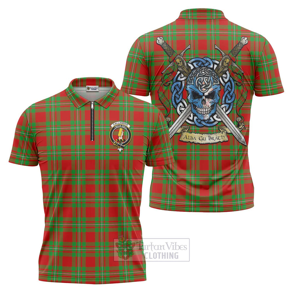 Tartan Vibes Clothing Callander Tartan Zipper Polo Shirt with Family Crest Celtic Skull Style