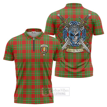 Callander Tartan Zipper Polo Shirt with Family Crest Celtic Skull Style