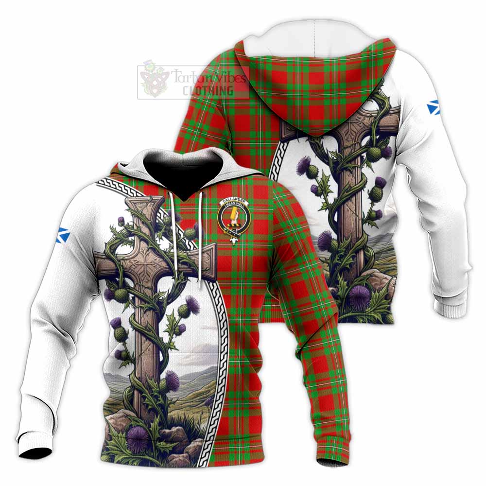 Tartan Vibes Clothing Callander Tartan Knitted Hoodie with Family Crest and St. Andrew's Cross Accented by Thistle Vines