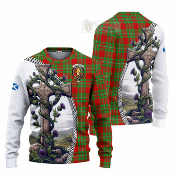 Callander Tartan Knitted Sweater with Family Crest and St. Andrew's Cross Accented by Thistle Vines