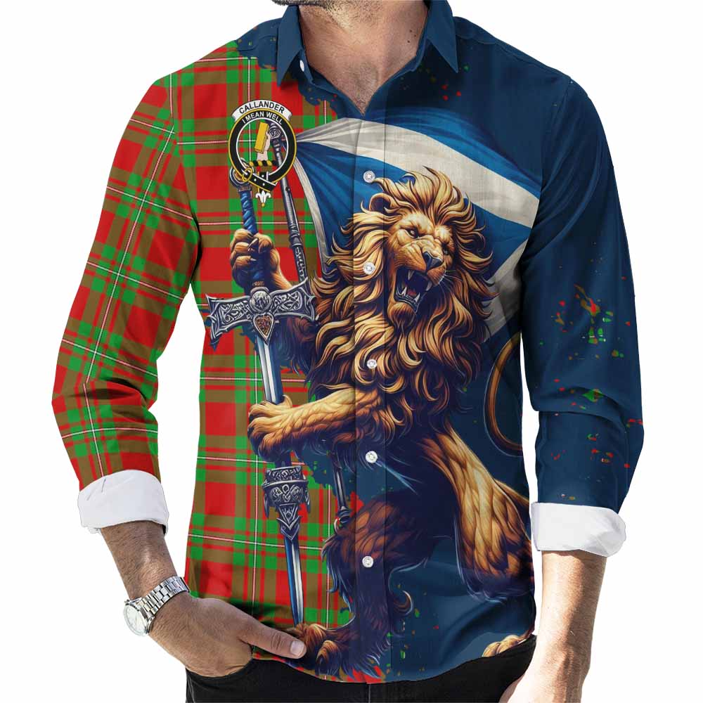 Tartan Vibes Clothing Callander Tartan Family Crest Long Sleeve Button Shirt with Scottish Majestic Lion