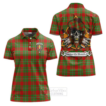 Callander Tartan Women's Polo Shirt with Family Crest and Bearded Skull Holding Bottles of Whiskey