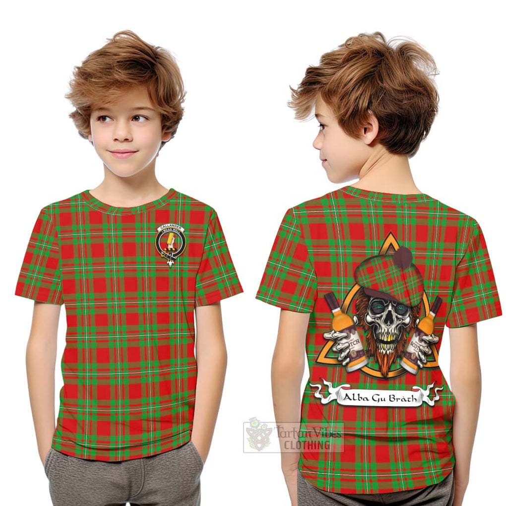 Tartan Vibes Clothing Callander Tartan Kid T-Shirt with Family Crest and Bearded Skull Holding Bottles of Whiskey