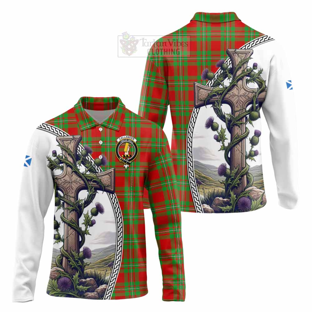 Tartan Vibes Clothing Callander Tartan Long Sleeve Polo Shirt with Family Crest and St. Andrew's Cross Accented by Thistle Vines