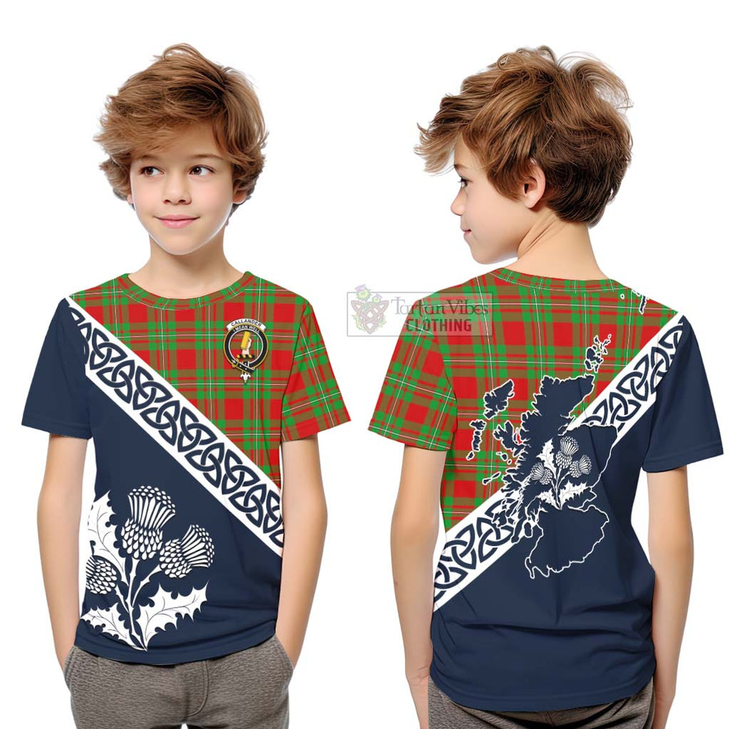 Tartan Vibes Clothing Callander Tartan Kid T-Shirt Featuring Thistle and Scotland Map